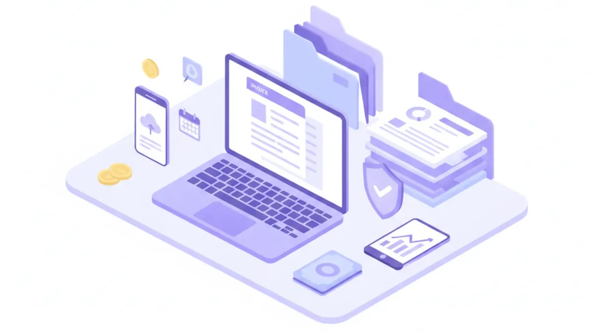 Escritorio de oficina moderno con laptop mostrando una factura electrónica y documentos societarios organizados