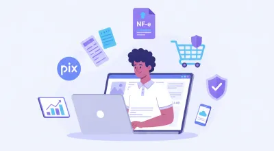 Empreendedor brasileiro configurando página de vendas no notebook com ícones de NF-e, PIX, carrinho e checklist fiscal