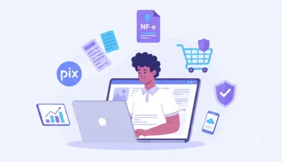 Empreendedor brasileiro configurando página de vendas no notebook com ícones de NF-e, PIX, carrinho e checklist fiscal