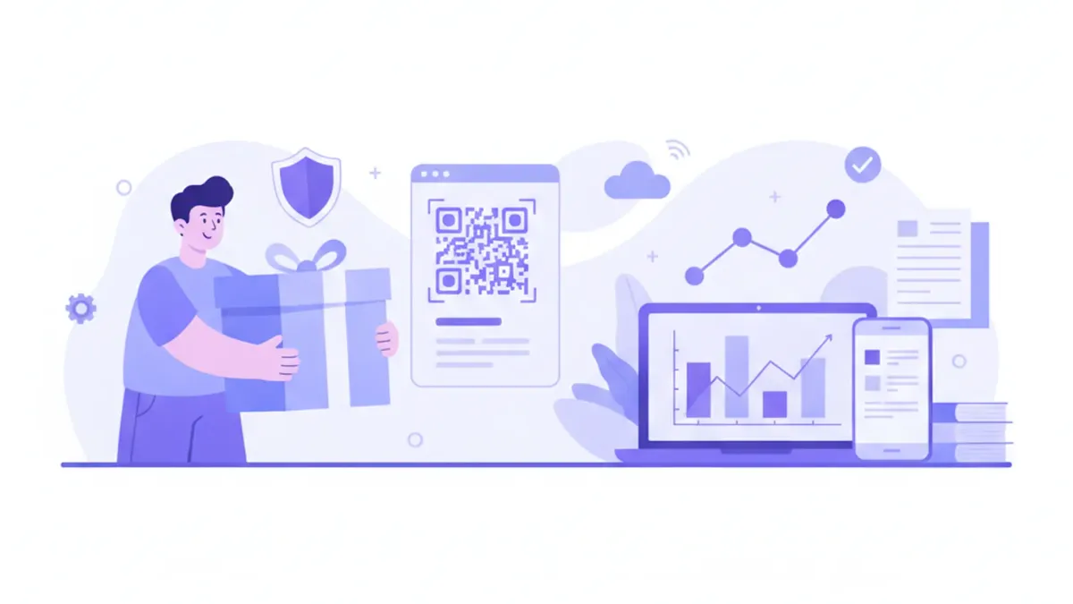 Ilustración vectorial flat estilo violeta/azul: cliente recibiendo paquete con factura digital, íconos de candado fiscal ARCA, corazón fidelización y gráfico de crecimiento LTV