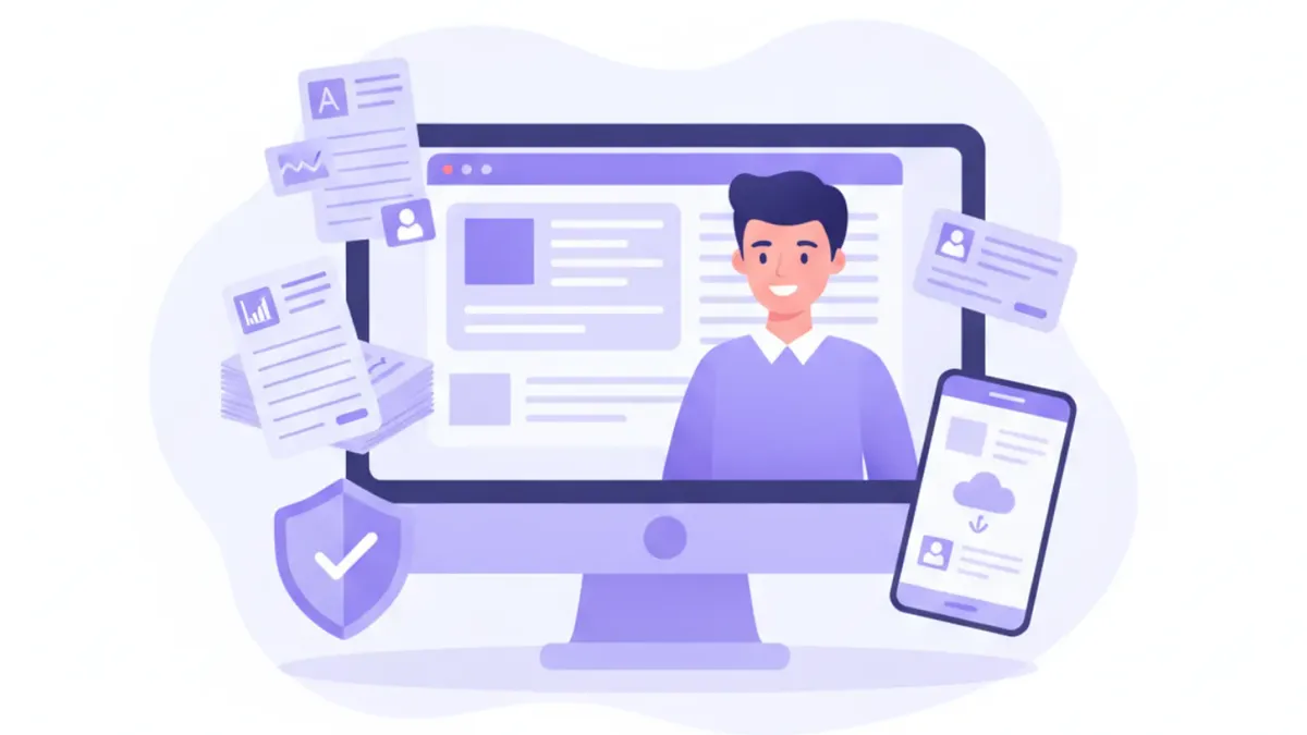 Emprendedor argentino formalizando su negocio con CUIT y factura electrónica, ilustración vectorial en violeta y azul