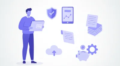 Ilustración vectorial del seguro de paro en Uruguay: trabajador, documentos y símbolo del BPS en tonos violeta y azul