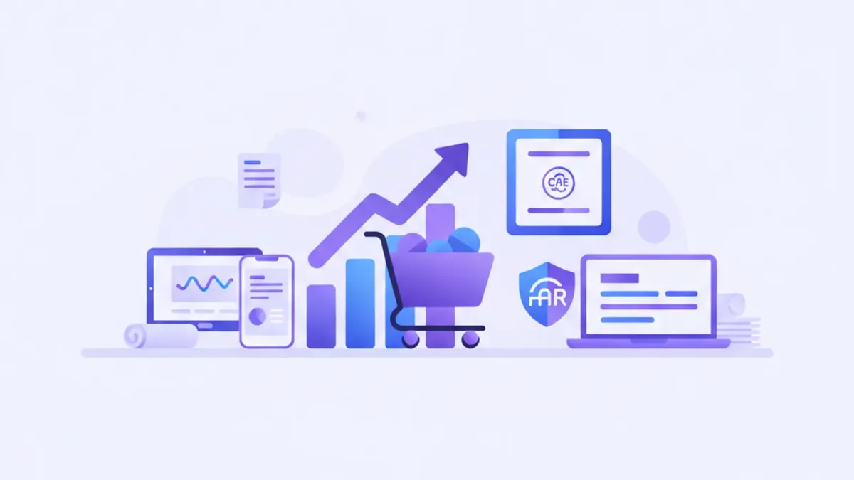 Ilustración vectorial de una tienda online creciendo con gráficos de ventas, iconos de facturación electrónica y colores violeta y azul