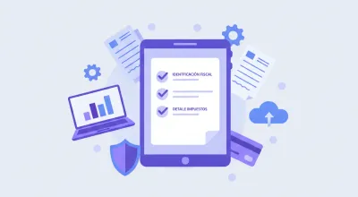 Ilustración vectorial flat de una orden de compra digital en tablet con checklist de validación ARCA, colores violeta y azul corporativos