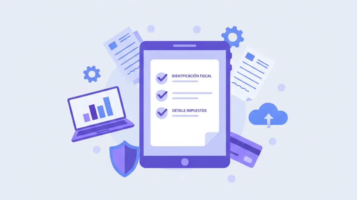 Ilustración vectorial flat de una orden de compra digital en tablet con checklist de validación ARCA, colores violeta y azul corporativos