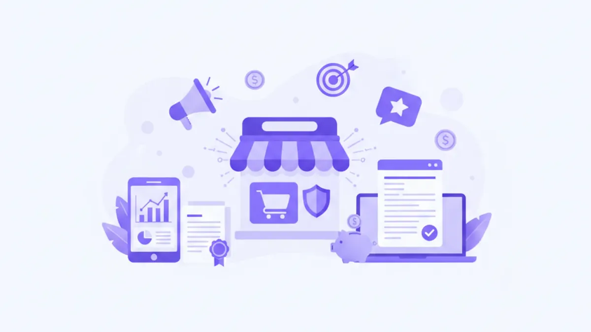 Ilustración flat vector violeta y azul de una tienda online con iconos de publicidad digital