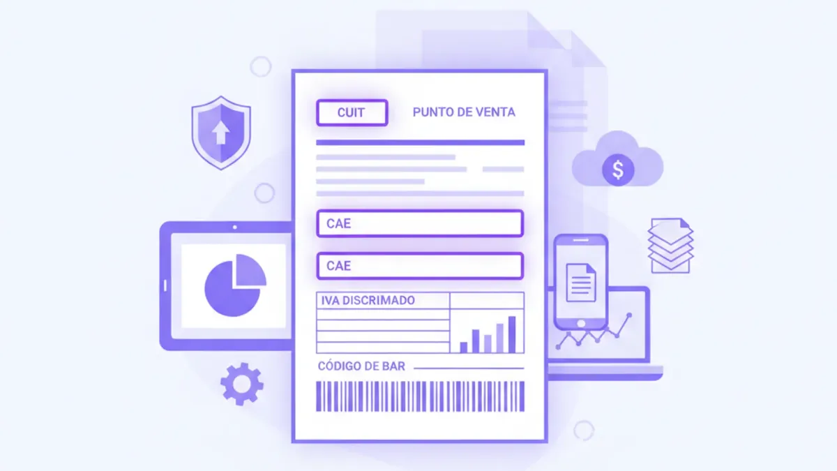 Ilustración flat vector violeta/azul de una factura electrónica argentina con campos resaltados