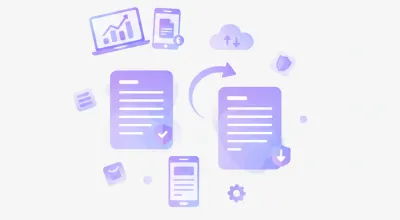 Ilustración vectorial de una nota de crédito electrónica vinculada a una factura, sobre fondo azul y violeta estilo SaaS