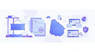 Ilustración vectorial de importación a Uruguay: contenedor, documentos aduaneros y mapa