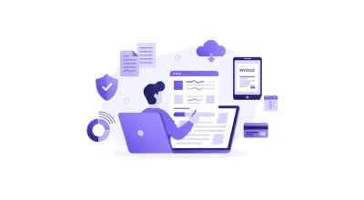 Ilustración de una persona completando su inscripción en ARCA desde una computadora con documentos fiscales y una factura electrónica aprobada