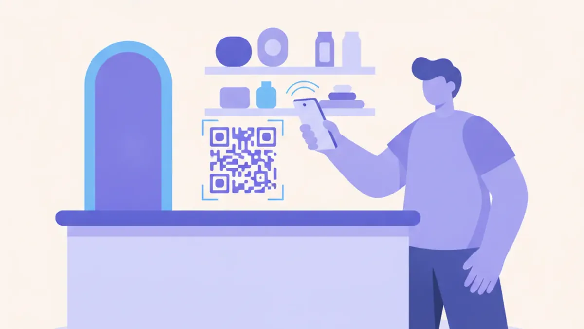 Ilustración de una persona apuntando la cámara de su celular hacia un código QR impreso sobre un mostrador para leerlo sin abrir ninguna aplicación