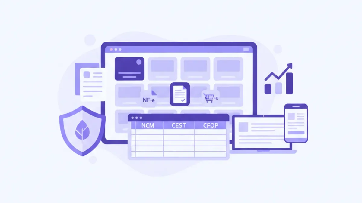 Ilustração vetorial flat em tons violeta e azul mostrando um catálogo de produtos online com ícones de NF-e, NFC-e, NCM, CEST e integração com e-commerce no Brasil