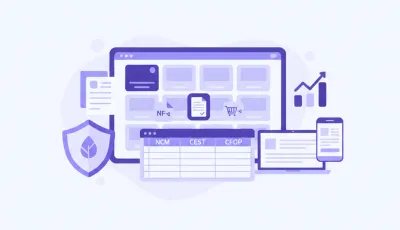 Ilustração vetorial flat em tons violeta e azul mostrando um catálogo de produtos online com ícones de NF-e, NFC-e, NCM, CEST e integração com e-commerce no Brasil
