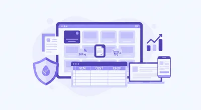 Ilustração vetorial flat em tons violeta e azul mostrando um catálogo de produtos online com ícones de NF-e, NFC-e, NCM, CEST e integração com e-commerce no Brasil