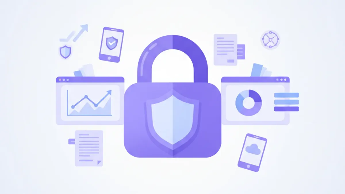 Ilustración vectorial de un candado digital y un escudo de seguridad con íconos del portal del SAT y documentos fiscales mexicanos, en tonos violeta y azul