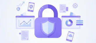 Ilustración vectorial de un candado digital y un escudo de seguridad con íconos del portal del SAT y documentos fiscales mexicanos, en tonos violeta y azul