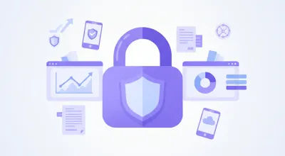 Ilustración vectorial de un candado digital y un escudo de seguridad con íconos del portal del SAT y documentos fiscales mexicanos, en tonos violeta y azul