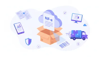 Ilustração vetorial flat design roxa e azul de caixa de encomenda com nota fiscal e caminhão de entrega
