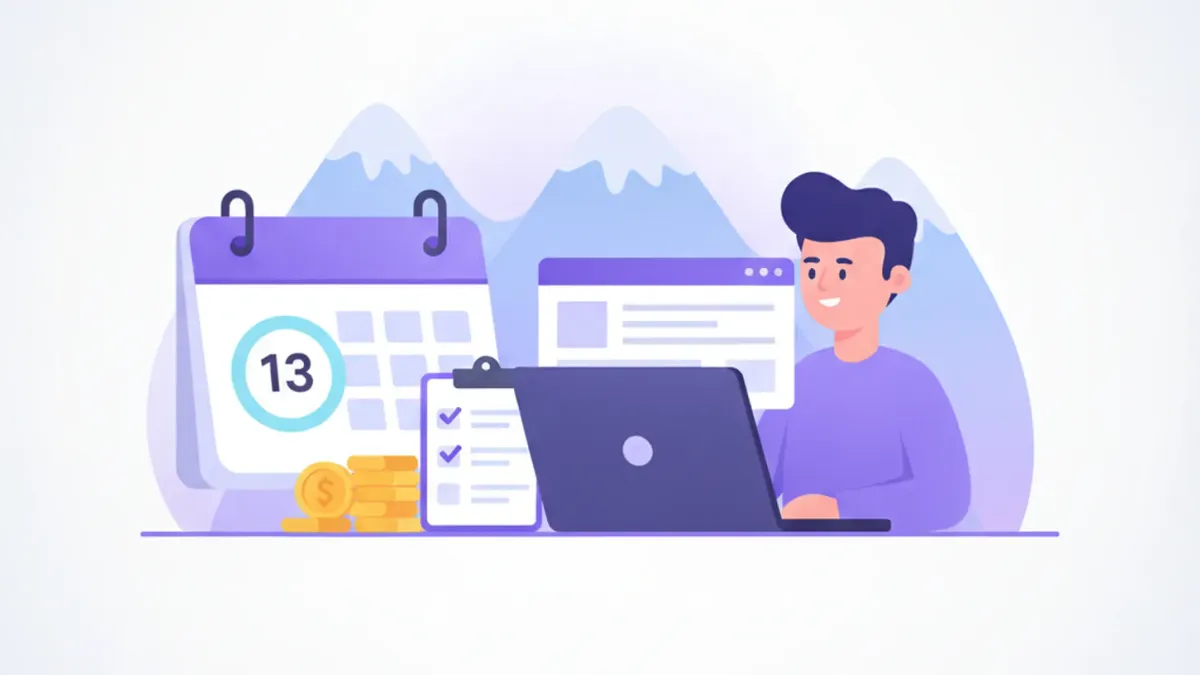 Ilustración de un empleador en un computador pagando cotizaciones mensuales con un calendario que destaca el día 13