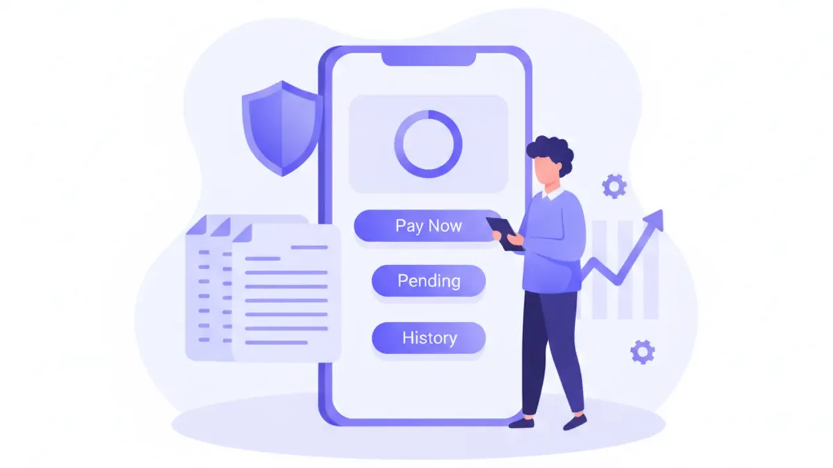 Ilustración vectorial flat de un monotributista pagando su cuota mensual desde el celular, con íconos de billetera digital, banco y calendario de vencimientos, en paleta violeta y azul estilo SaaS