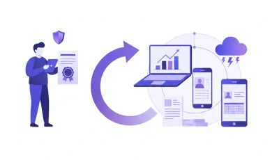 Ilustración vectorial de una persona transitando de una estructura individual a una sociedad empresarial en Uruguay, con íconos de documentos, flechas y elementos institucionales en violeta y azul