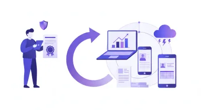 Ilustración vectorial de una persona transitando de una estructura individual a una sociedad empresarial en Uruguay, con íconos de documentos, flechas y elementos institucionales en violeta y azul