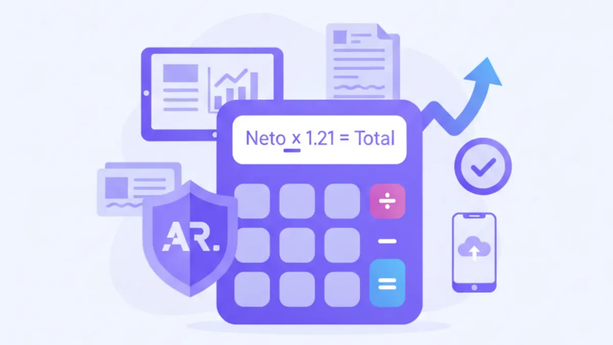 Infografía vectorial violeta y azul mostrando fórmula matemática para calcular IVA 21% y 10,5% sobre precio neto, con logos de ARCA y factura electrónica