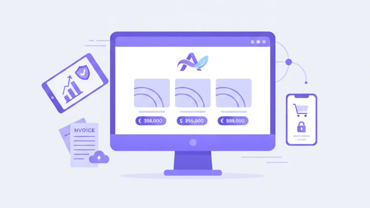 Ilustración flat vector violeta y azul de una tienda online personalizada con logo y colores de marca