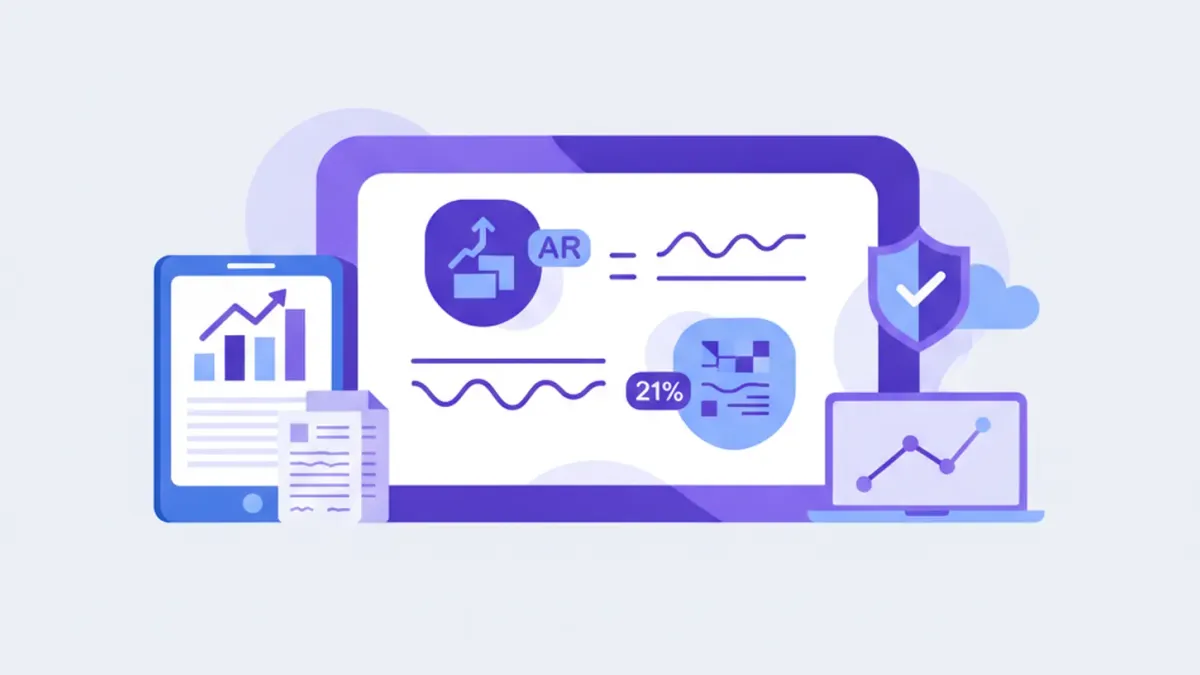 Ilustración vectorial plana estilo violeta/azul de una calculadora con iconos de impuestos argentinos (IVA, ARCA, Monotributo) y un carrito de compras online, fondo limpio sin texto