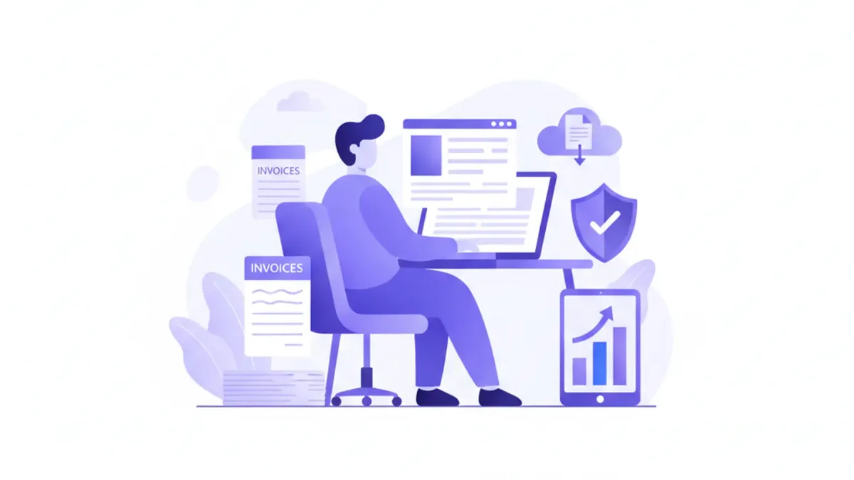 Ilustración flat vector de una persona completando una declaración jurada en línea con íconos de impuestos, formularios digitales y el logo de la DGI en tonos violeta y azul