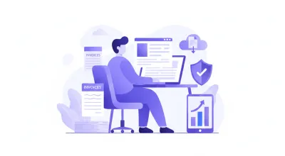 Ilustración flat vector de una persona completando una declaración jurada en línea con íconos de impuestos, formularios digitales y el logo de la DGI en tonos violeta y azul
