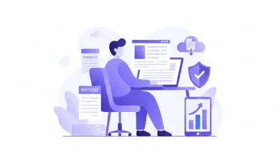 Ilustración flat vector de una persona completando una declaración jurada en línea con íconos de impuestos, formularios digitales y el logo de la DGI en tonos violeta y azul