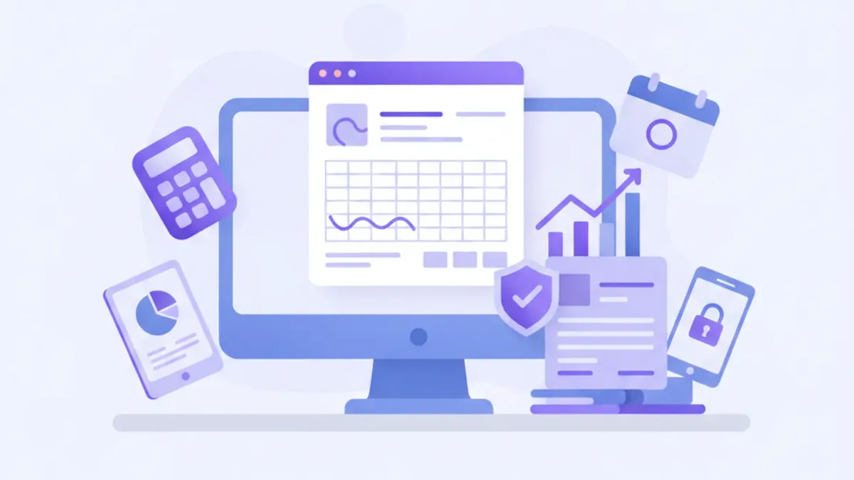 Ilustración de un contribuyente revisando su declaración mensual de IVA en un portal fiscal digital, con íconos de facturas, calculadora y calendario