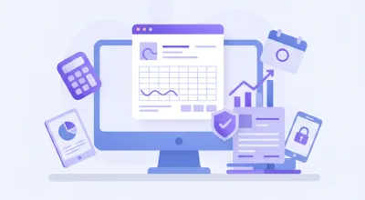 Ilustración de un contribuyente revisando su declaración mensual de IVA en un portal fiscal digital, con íconos de facturas, calculadora y calendario