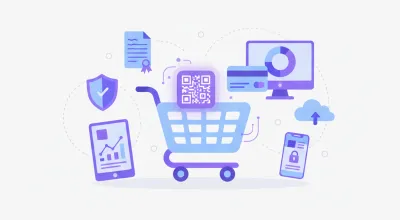 Ilustração flat vector violeta/azul: carrinho de compras online com ícones de Pix (QR Code) e cartão de crédito, nota fiscal eletrônica e gráfico de fluxo de caixa, estilo minimalista corporativo