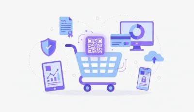 Ilustração flat vector violeta/azul: carrinho de compras online com ícones de Pix (QR Code) e cartão de crédito, nota fiscal eletrônica e gráfico de fluxo de caixa, estilo minimalista corporativo