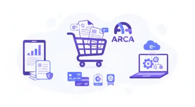 Ilustración vectorial de un carrito de compras con íconos de facturación electrónica, ARCA y tarjetas de crédito en tonos violeta y azul