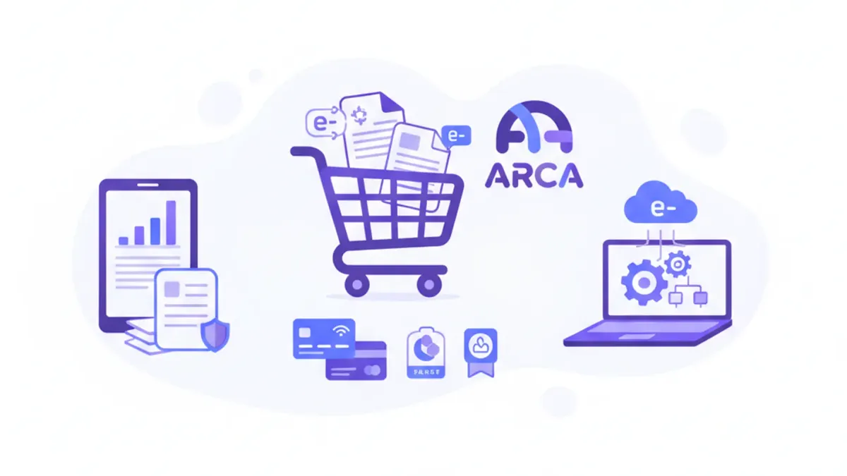 Ilustración vectorial de un carrito de compras con íconos de facturación electrónica, ARCA y tarjetas de crédito en tonos violeta y azul
