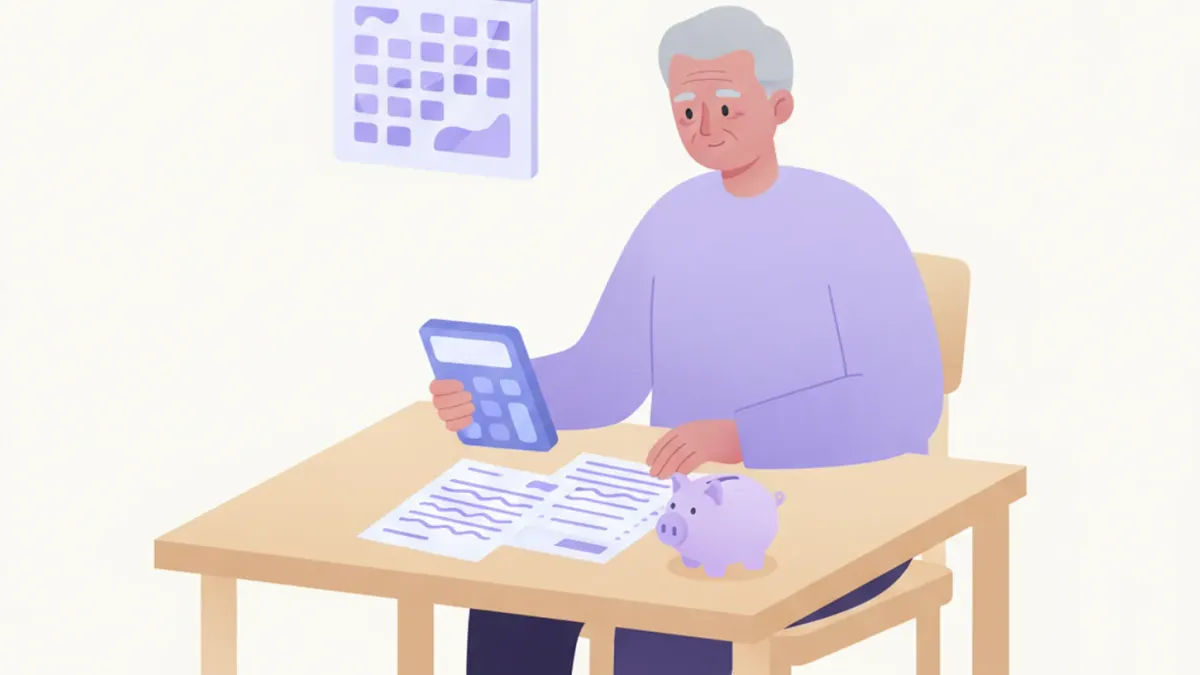 Persona mayor sentada a una mesa con una calculadora, estados de cuenta, una alcancía en forma de cerdito y un calendario en la pared