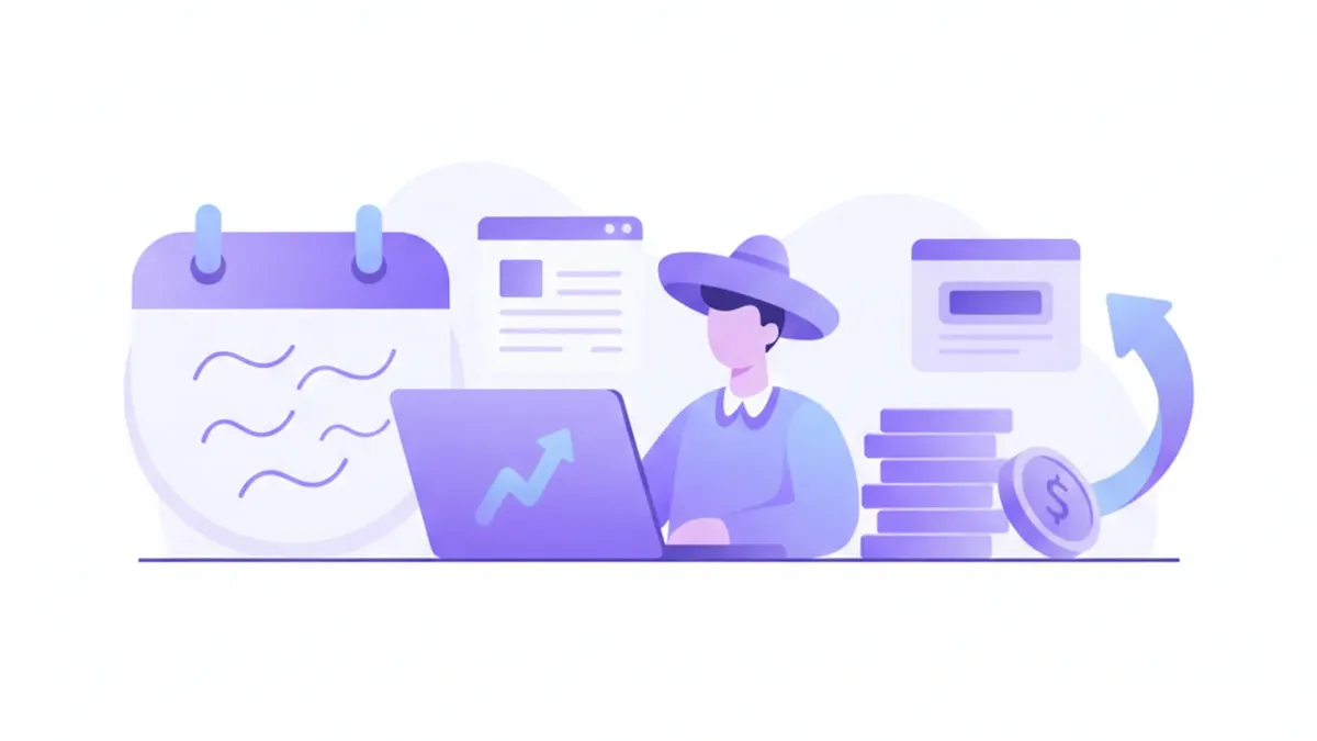Ilustración de una persona con sombrero frente a una laptop, con un calendario, una pila de monedas y una flecha curva de devolución