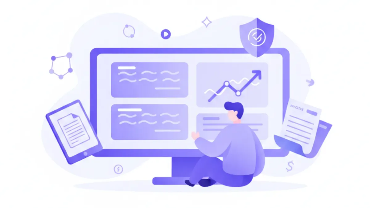 Ilustración vectorial de una persona obteniendo su constancia de inscripción en ARCA desde una computadora, con íconos de documentos fiscales y escudo de verificación en tonos violeta y azul