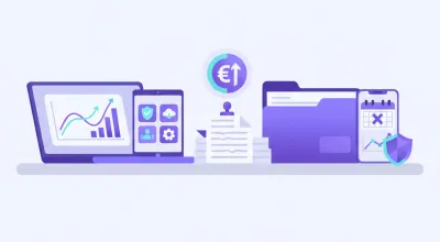 Ilustración vectorial de trámite fiscal ante la DGI en Uruguay con íconos de documentos, formularios y escudo uruguayo en tonos violeta y azul