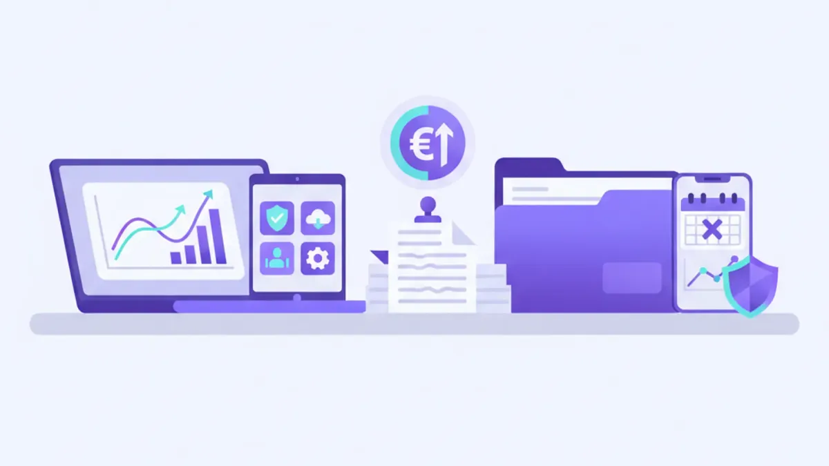 Ilustración vectorial de trámite fiscal ante la DGI en Uruguay con íconos de documentos, formularios y escudo uruguayo en tonos violeta y azul