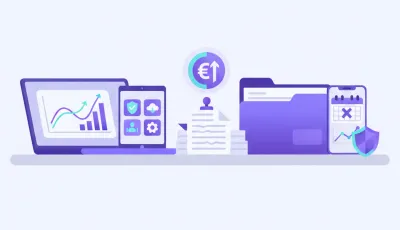 Ilustración vectorial de trámite fiscal ante la DGI en Uruguay con íconos de documentos, formularios y escudo uruguayo en tonos violeta y azul
