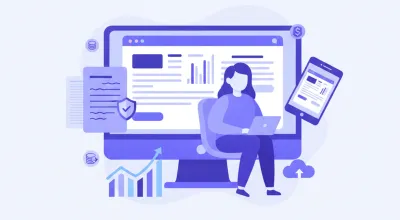 Ilustración flat vector de una persona obteniendo su clave fiscal digital en ARCA desde un portal web, con íconos de seguridad y candado en paleta violeta y azul