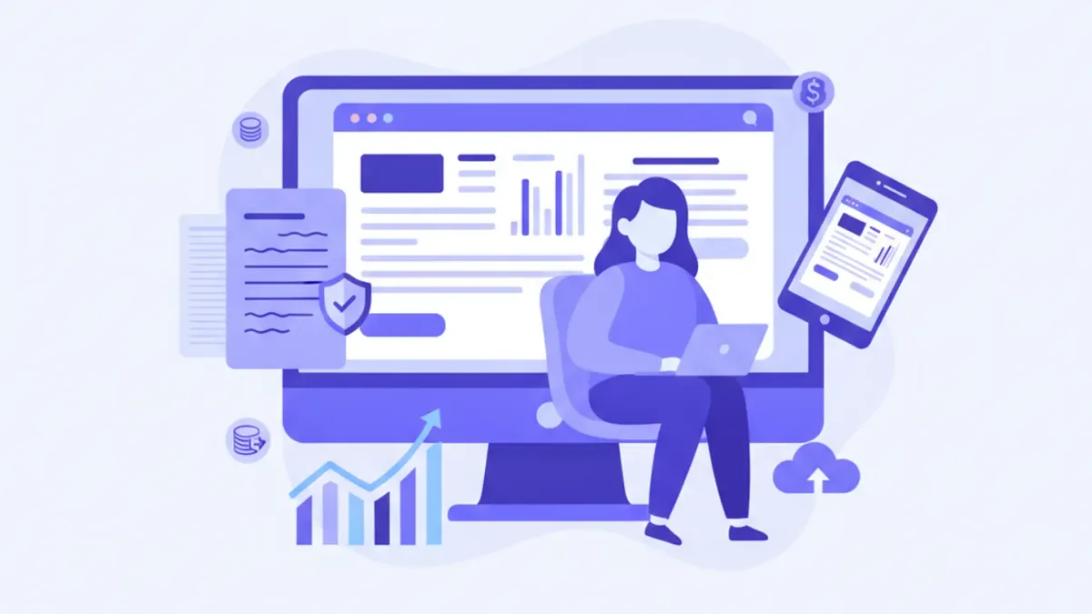 Ilustración flat vector de una persona obteniendo su clave fiscal digital en ARCA desde un portal web, con íconos de seguridad y candado en paleta violeta y azul