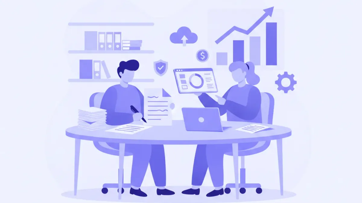 Ilustración de empleador y trabajador uruguayo calculando indemnización por despido con documentos, monedas y contrato