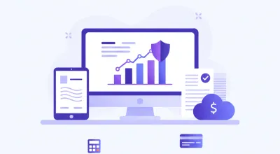 Ilustración flat vector de cálculo de indemnización laboral con íconos de documentos, calendario y monedas en paleta violeta y azul