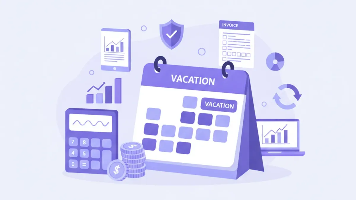 Ilustración flat vector de calendario con días marcados, calculadora y monedas en tonos violeta y azul, representando el cálculo de vacaciones laborales en México