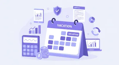 Ilustración flat vector de calendario con días marcados, calculadora y monedas en tonos violeta y azul, representando el cálculo de vacaciones laborales en México